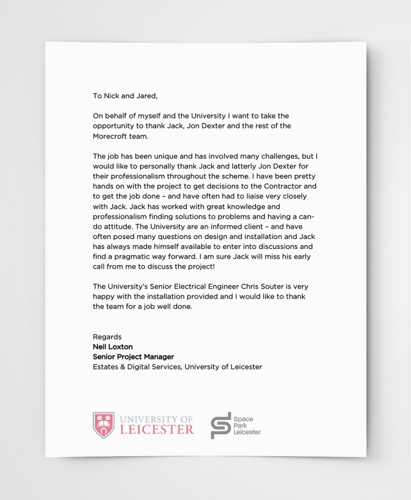 Space Park Leicester commendation letter